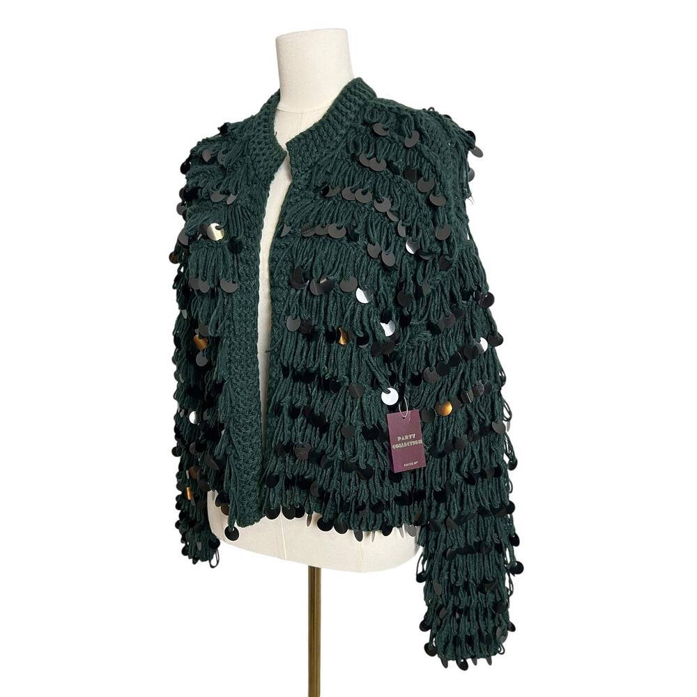 Forever 21 Cardigan Sweater Womens Small Hunter Green Sequin Chunky Knit Open - Picture 2 of 12